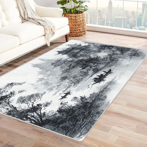 CUDAOO Bedruckter Innen-/Außenteppich Tintenweidenmalerei Teppich Wohnzimmer Schlafzimmer(Schwarz und Weiß)-120x150cm von CUDAOO