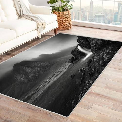 CUDAOO Bedruckter Innen-/Außenteppich Versteckte Wasserfälle Tepich Moderne Wohnzimmer Vintage Schlafzimmer(Schwarz und Weiß)-120x180cm von CUDAOO