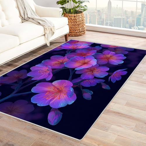 CUDAOO Bedruckter Innen-/Außenteppich Violette Nachtblumen Tepich Moderne Wohnzimmer Vintage Schlafzimmer(Violett)-90x150cm von CUDAOO