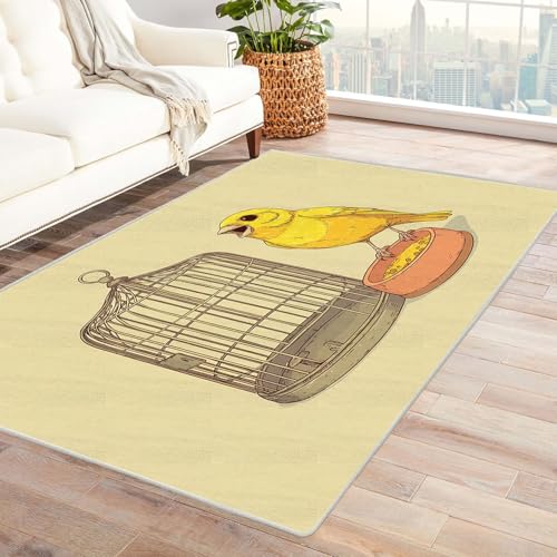 CUDAOO Bedruckter Innen-/Außenteppich Vogel neben dem Käfig Für Wohnzimmer, Sofa, Tisch, Flur, Fußmatte,Schlafzimmer(Gelb)-90x150cm von CUDAOO