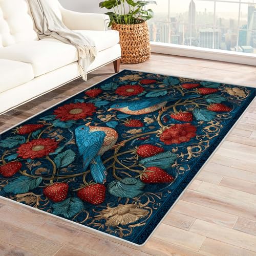 CUDAOO Bedruckter Innen-/Außenteppich Vogel- und Blumenbeerenmuster Für Wohnzimmer, Sofa, Tisch, Flur, Fußmatte,Schlafzimmer(Blau.)-120x150cm von CUDAOO