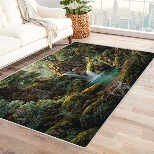 CUDAOO Bedruckter Innen-/Außenteppich Waldwasserfall-Szene Tepich Moderne Wohnzimmer Vintage Schlafzimmer(Grün.)-180x240cm von CUDAOO