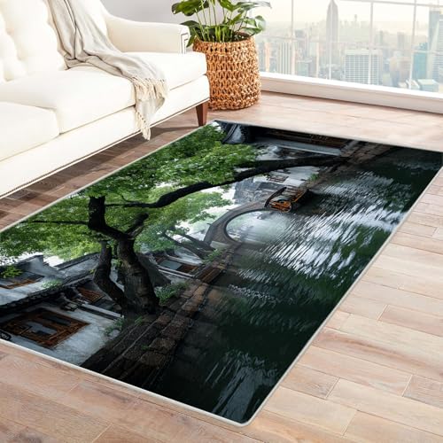 CUDAOO Bedruckter Innen-/Außenteppich Wasserdorfbrücke Teppich Wohnzimmer Schlafzimmer(Grün)-240x300cm von CUDAOO