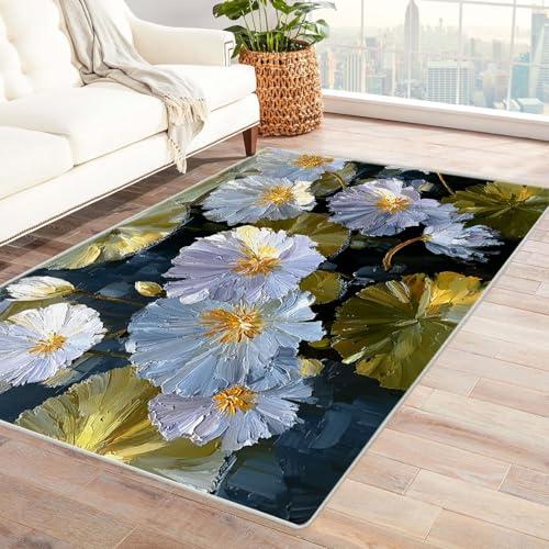 CUDAOO Bedruckter Innen-/Außenteppich Wasserlilyen Malerei Tepich Moderne Wohnzimmer Vintage Schlafzimmer(Weiß)-150x180cm von CUDAOO