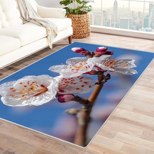 CUDAOO Bedruckter Innen-/Außenteppich Weiße Almond Blumen Tepich Moderne Wohnzimmer Vintage Schlafzimmer(Weiß)-120x150cm von CUDAOO