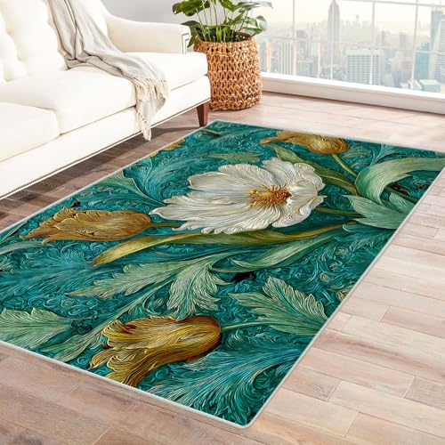 CUDAOO Bedruckter Innen-/Außenteppich Weiße Blume Teppich Wohnzimmer Schlafzimmer(Grün.)-240x300cm von CUDAOO