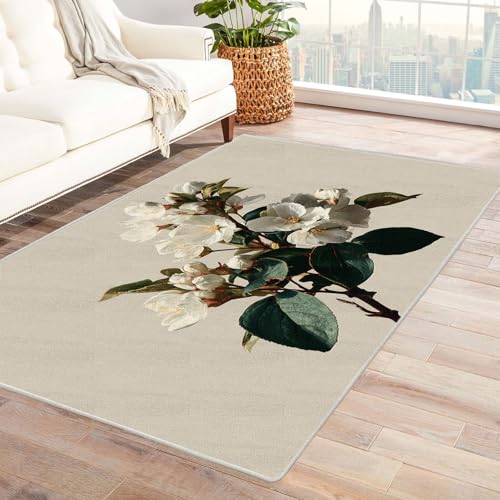 CUDAOO Bedruckter Innen-/Außenteppich Weiße Blumen Blüten Tepich Moderne Wohnzimmer Vintage Schlafzimmer(Weiß)-240x300cm von CUDAOO