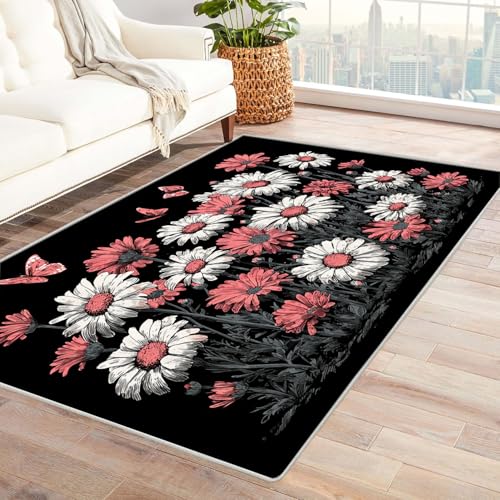 CUDAOO Bedruckter Innen-/Außenteppich Weiße Chrysanthemum Tepich Moderne Wohnzimmer Vintage Schlafzimmer(Weiß)-120x150cm von CUDAOO