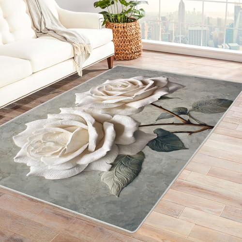 CUDAOO Bedruckter Innen-/Außenteppich Weiße Rose Skulptur Teppich Wohnzimmer Schlafzimmer(Braun)-210x270cm von CUDAOO