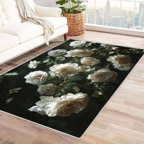CUDAOO Bedruckter Innen-/Außenteppich Weiße Rose Teppich Wohnzimmer Schlafzimmer(Weiß)-240x300cm von CUDAOO