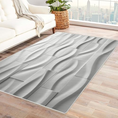 CUDAOO Bedruckter Innen-/Außenteppich Weiße Wellenwand Tepich Moderne Wohnzimmer Vintage Schlafzimmer(Weiß)-120x180cm von CUDAOO