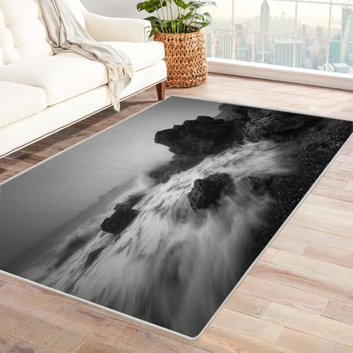 CUDAOO Bedruckter Innen-/Außenteppich Wellen auf Felsen Für Wohnzimmer, Sofa, Tisch, Flur, Fußmatte,Schlafzimmer(Schwarz und Weiß)-120x180cm von CUDAOO