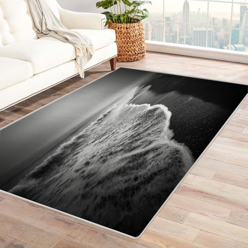 CUDAOO Bedruckter Innen-/Außenteppich Wellen treffen aufs Ufer Für Wohnzimmer, Sofa, Tisch, Flur, Fußmatte,Schlafzimmer(Schwarz und Weiß)-120x150cm von CUDAOO