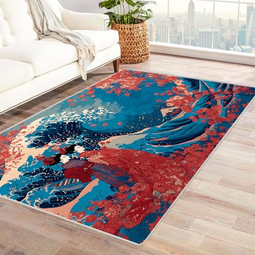 CUDAOO Bedruckter Innen-/Außenteppich Wellen und Prinzessin Teppich Wohnzimmer Schlafzimmer(Blau.)-240x300cm von CUDAOO