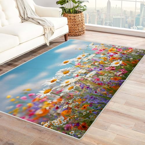 CUDAOO Bedruckter Innen-/Außenteppich Wildblumenfeld Teppich Wohnzimmer Schlafzimmer(Gelb)-150x210cm von CUDAOO