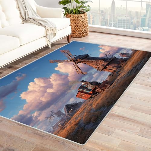 CUDAOO Bedruckter Innen-/Außenteppich Windmühlenbahn Teppich Wohnzimmer Schlafzimmer(Gelb)-150x180cm von CUDAOO