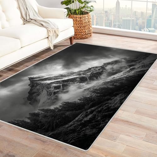 CUDAOO Bedruckter Innen-/Außenteppich Wolkenbedeckte Gipfel Teppich Wohnzimmer Schlafzimmer(Schwarz und Weiß)-150x180cm von CUDAOO