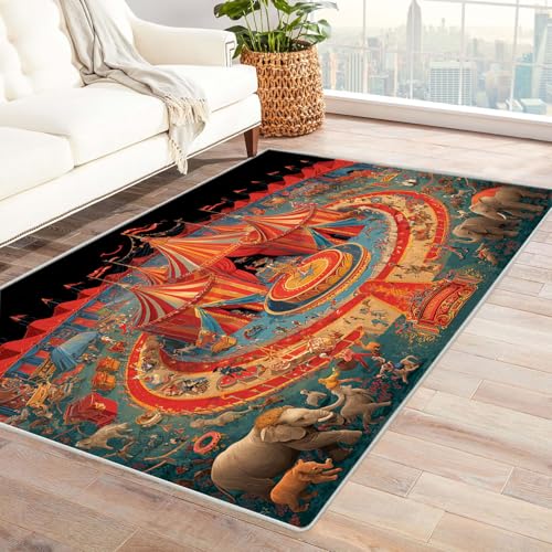 CUDAOO Bedruckter Innen-/Außenteppich Zirkus Stadt Für Wohnzimmer, Sofa, Tisch, Flur, Fußmatte,Schlafzimmer(Rot)-240x300cm von CUDAOO