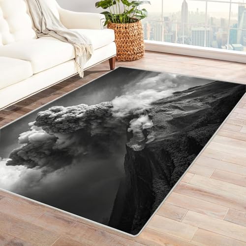 CUDAOO Bedruckter Innen-/Außenteppich Zorniger Vulkan Tepich Moderne Wohnzimmer Vintage Schlafzimmer(Schwarz und Weiß)-150x180cm von CUDAOO
