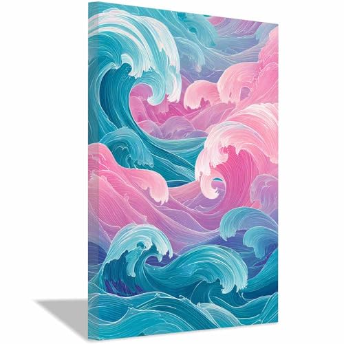 CUDAOO Exquisite Abstrakte Kunst auf minimalistische Wandbilder Leinwand Rosa und blaue Wellen Neutralem Hintergrund für Home Hotel Office Wanddekoration(Hellblau297)-40x60cm Gerahmt von CUDAOO
