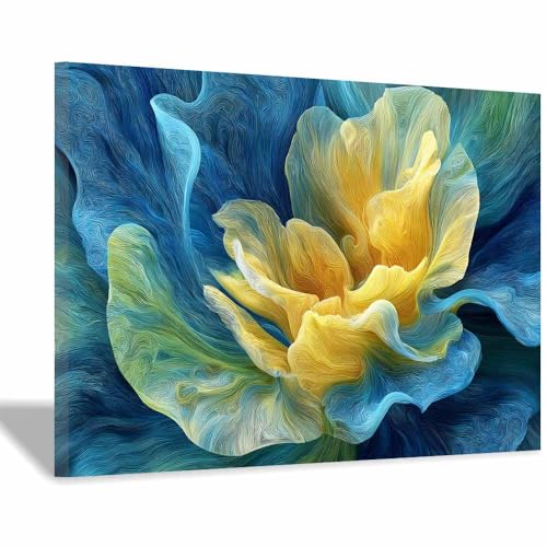 CUDAOO Leinwandbilder Moderne Kunst Abstrakte Wanddeko Kunstdrucke Blau-gelbe Blume für Schlafzimmer Home Wohnung Bild Wohnzimmer(Gelb77)-20x30cm Gerahmt von CUDAOO