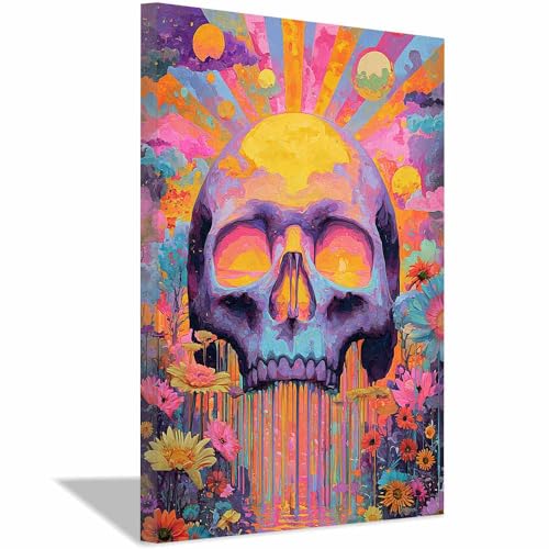 CUDAOO Leinwandbilder Moderne Kunst Abstrakte Wanddeko Kunstdrucke Totenköpfe dazwischen Blumen für Schlafzimmer Home Wohnung Bild Wohnzimmer(Orange203)-60x90cm Gerahmt von CUDAOO