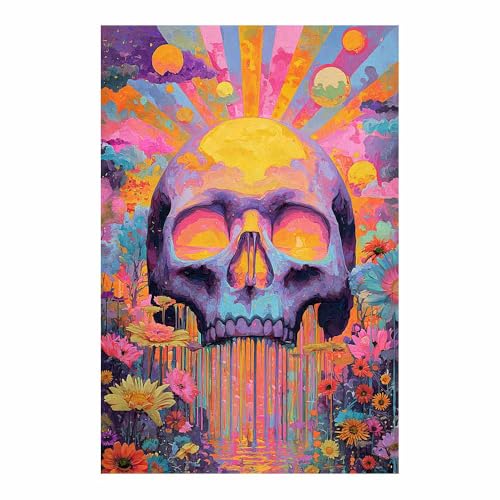 CUDAOO Leinwandbilder Moderne Kunst Abstrakte Wanddeko Kunstdrucke Totenköpfe dazwischen Blumen für Schlafzimmer Home Wohnung Bild Wohnzimmer(Orange203)-60x90cm Ungerahmt von CUDAOO