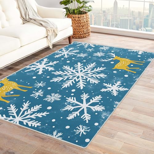 CUDAOO Pflanzenmuster Teppich Schneehirsch-Bild Teppich Wohnzimmer Schlafzimmer(Blau)-90x120cm von CUDAOO
