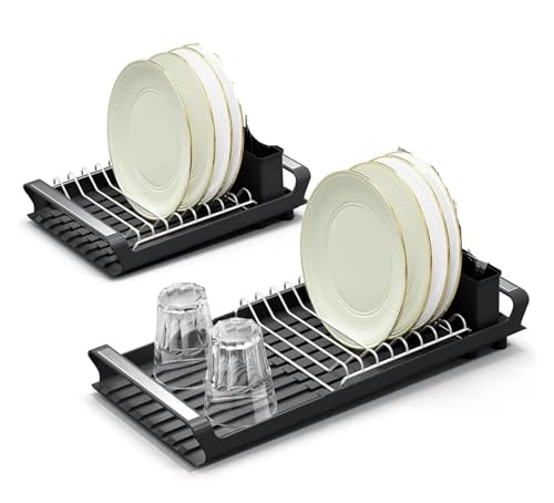 1 Stück erweiterbarer kleiner Abtropfständer, Abtropfgestell for Küchentheke, Abtropfgestell mit abnehmbarem Besteckhalter(Black) von CUDVOLHTU