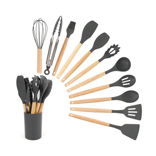 12-teiliges Silikon-Küchengeschirr-Set mit Antihaftbeschichtung, Küchenutensilien-Set, Spatel, Schaufel, Schneebesen, Holzgriff, Kochwerkzeug-Set(4K 3.5X 90X) von CUDVOLHTU