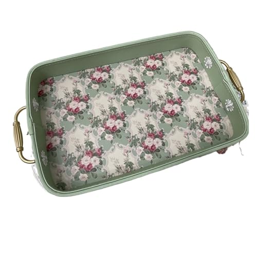 CUDVOLHTU Exquisites rosa Tablett im Vintage-Stil, Aufbewahrungstablett aus Leder mit goldenem Metallgriff, rechteckiger Kuchenteller(C) von CUDVOLHTU