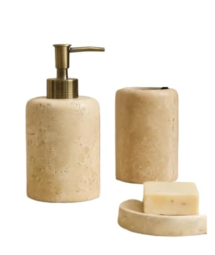 CUDVOLHTU Luxus-Travertin-Badezimmer, Zahnbürstenhalter, Seifenspender, Schale aus natürlichem Marmor(3 Piece Set) von CUDVOLHTU