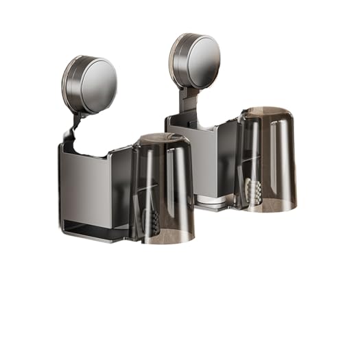 CUDVOLHTU Saugnapfhalter mit Quetscher, perforationsfreies Badezimmerregal, Mundwasserbecher, Zahnbürstenhalter(2 PCS Grey with Cup) von CUDVOLHTU