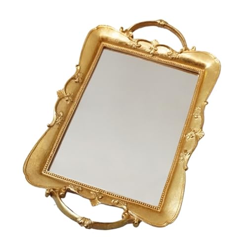 CUDVOLHTU Stil Glas Spiegel Tablett Retro, Geschnitzte Harz Dessert Tisch Dekoration Lagerung(Vintage Gold-B) von CUDVOLHTU