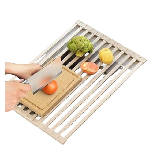 Küchen-Abtropfgestell aus Edelstahl 304, faltbare Spüle, Abtropfkorb, Lagerregal, Rollladen, Silikon-Abtropfpad(50CM) von CUDVOLHTU