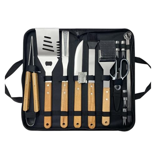 Outdoor Camping Grill Werkzeug Kombination Holzgriff Gabel Schaufel Clip BBQ Stoff Tasche Edelstahl Grill Set(18 in 1) von CUDVOLHTU