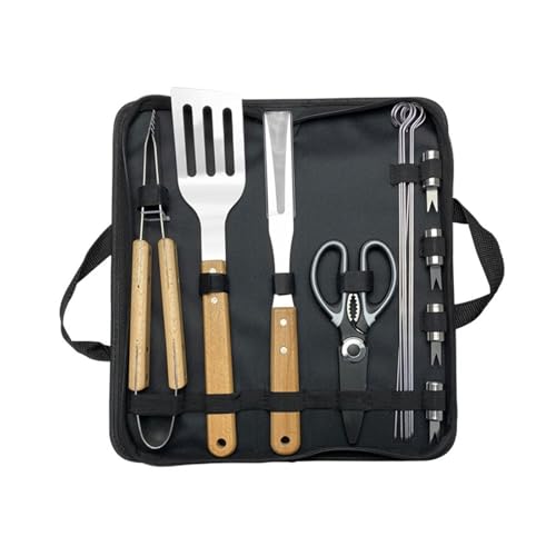 Outdoor Camping Grill Werkzeug Kombination Set Holzgriff Gabel Schaufel Klemme BBQ Edelstahl Backen Set(15pcs B3) von CUDVOLHTU
