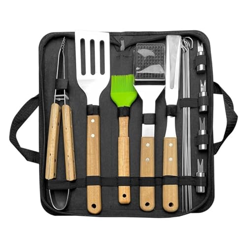 Outdoor Camping Grill Werkzeug Kombination Set Holzgriff Gabel Schaufel Klemme BBQ Edelstahl Backen Set(15pcs B6) von CUDVOLHTU