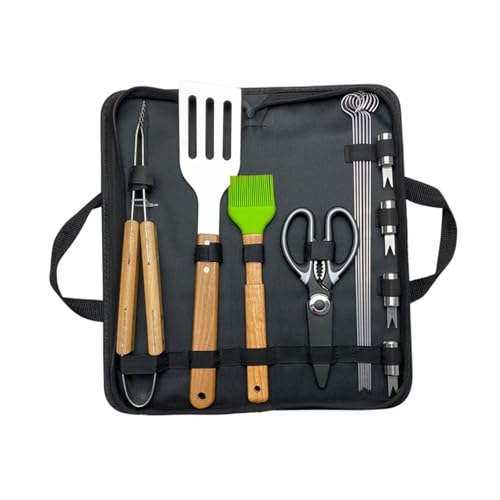 Outdoor Camping Grill Werkzeug Kombination Set Holzgriff Gabel Schaufel Klemme BBQ Edelstahl Backen Set(16pcs F5) von CUDVOLHTU