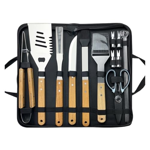 Outdoor Camping Grill Werkzeug Kombination Set Holzgriff Gabel Schaufel Klemme BBQ Edelstahl Backen Set(18pcs B1) von CUDVOLHTU