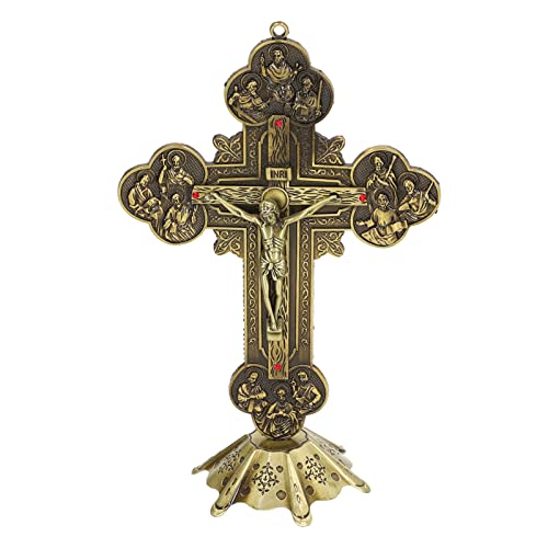 Stehendes Kruzifix, Vintage-Stil, Metall, Jesus, Genageltes Kruzifix, Wandkreuz mit Stabilem Bronzesockel, Eingelegtes Rot, Attraktive Dekorative Metall-Tischdekoration für Katholisches Geschenk, Kami von CUEI