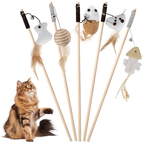 CUEMOON 5 Stück Katzenspielzeug-Set Mit Feder und Holzgriff, Interaktives Katzenangel Katze Spielzeug für Katzenbeschäftigung von CUEMOON