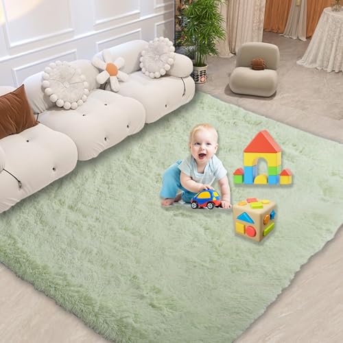 Schlafzimmer Klein Teppich 45 x 65 cm, Hohe Flordichte Angenehm Weich, Pflegeleicht Polyester, Hochflor, Anti-Rutsch-Rückseite, Moderner Teppich Fellteppich, hellgrün von CUIMEI
