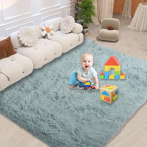 Teppich Hochflor Flauschig 140 x 185 cm, Hohe Flordichte Angenehm Weich, Pflegeleicht Polyester, Hochflor, Anti-Rutsch-Rückseite, Wohnzimmer Teppich, Grau Blau von CUIMEI
