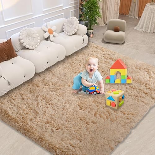Teppich Schlafzimmer 115 x 115 cm, Hohe Flordichte Angenehm Weich, Pflegeleicht Polyester, Hochflor, Anti-Rutsch-Rückseite, Flauschiger Teppich Extra Weich, Beige von CUIMEI