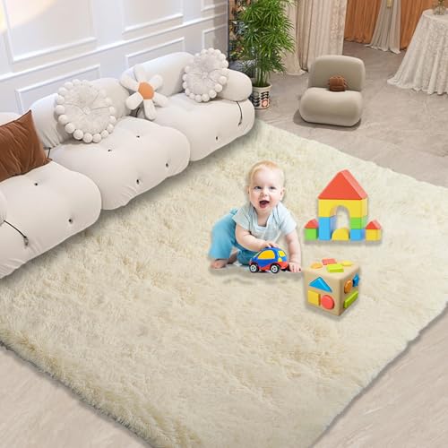 Teppich Wohnzimmer Shaggy 60 x 75 cm, Flauschiger Große Größe, rutschfest Langlebig, Faltbar, Zotteligeweicher, Bettvorleger Teppich Hochflor, Creme Farben von CUIMEI