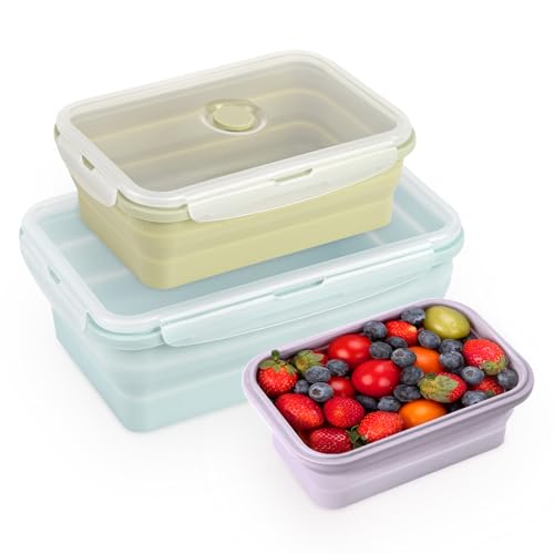 CUISITOOL Faltbare Brotzeitbox, Auslaufsichere Bento Lunchbox Brotdose aus Silikon Faltbare Lunchbox Lebensmittel 2000 ML/1200ML/800ML, 3 Stück, für Camping Picknick Büro Küche von CUISITOOL
