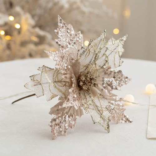 6 Stück Glitter Weihnachtsblumen Dekoration, Pailletten Weihnachten Blumen Weihnachtsbaumschmuck Ornament, Christbaumschmuck für Kranz Weihnachtsbaum (Champagner,6 Stück) von CULASIGN