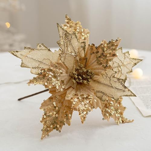 6 Stück Glitter Weihnachtsblumen Dekoration, Pailletten Weihnachten Blumen Weihnachtsbaumschmuck Ornament, Christbaumschmuck für Kranz Weihnachtsbaum (Gold,6 Stück) von CULASIGN