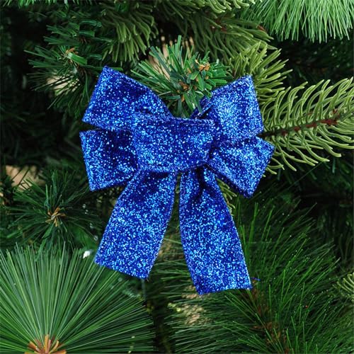 CULASIGN 10 Stück Weihnachten Schleifen, Weihnachten Glitzer Weihnachtsbaum Schleifen Weihnachtsbaumschmuck für Familienfeiern Party Dekoration (Blau) von CULASIGN